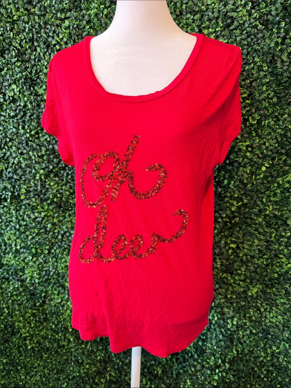H&M Red Scoop Neck Short Sleeve Tee with Sequin Script Oh Deer